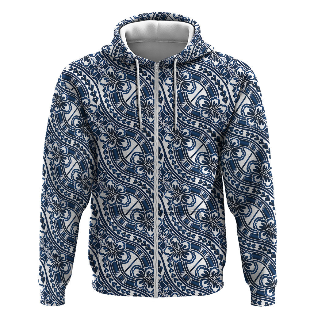 Hibiscus Bloom Island Tribal Waves Hoodie Blue Polynesian Pattern LT01 Zip Hoodie Blue - Polynesian Pride