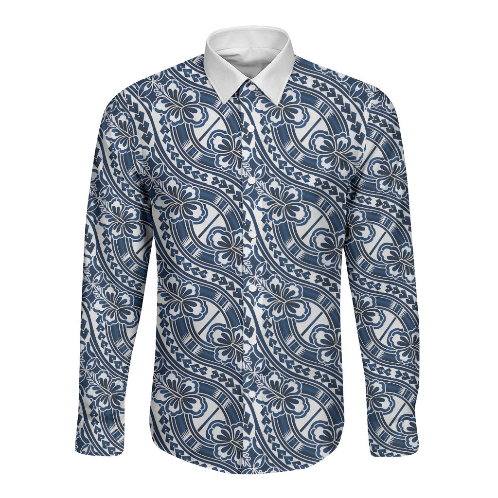 Hibiscus Bloom Island Tribal Waves Long Sleeve Button Shirt Blue Polynesian Pattern LT01 Unisex Blue - Polynesian Pride