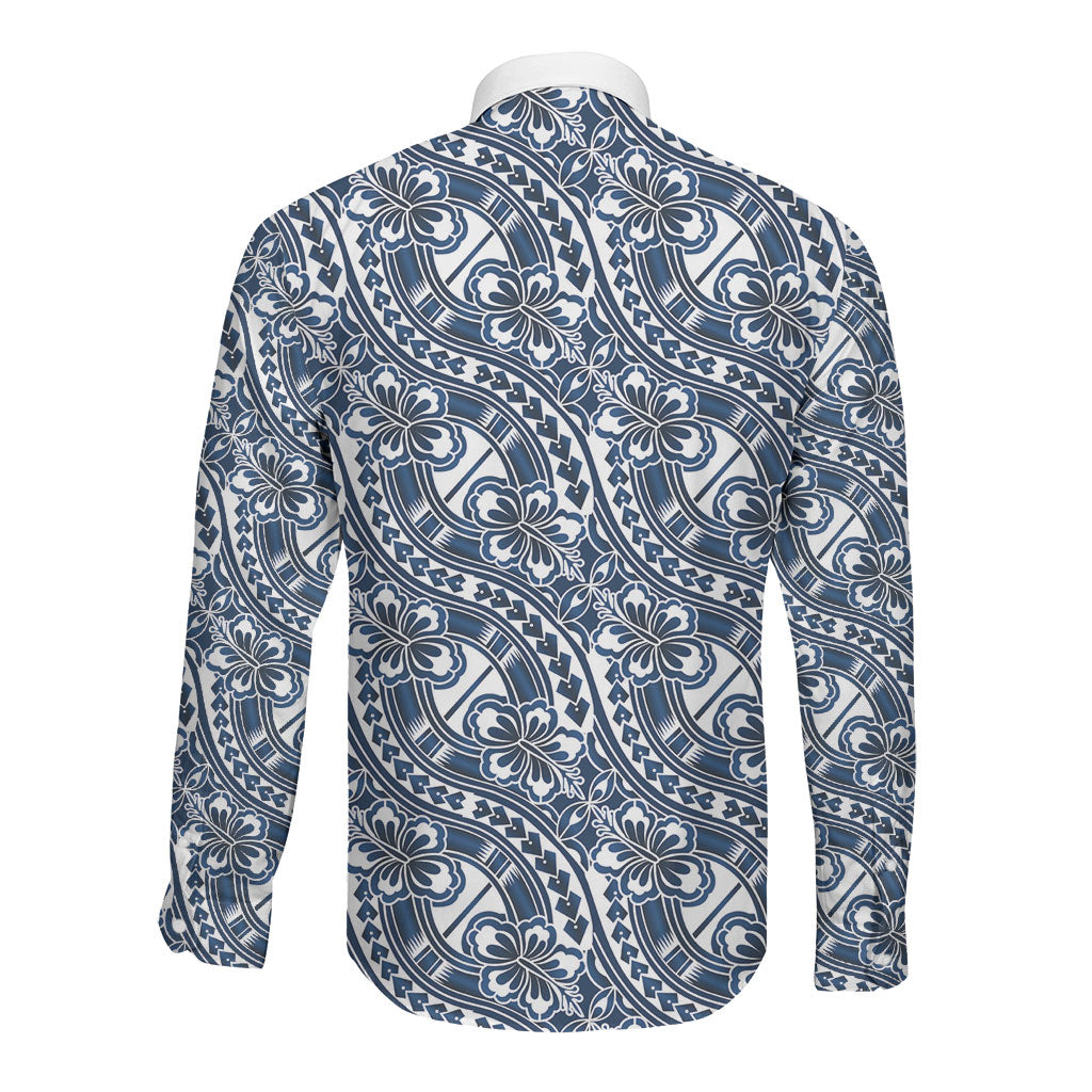 Hibiscus Bloom Island Tribal Waves Long Sleeve Button Shirt Blue Polynesian Pattern LT01 - Polynesian Pride