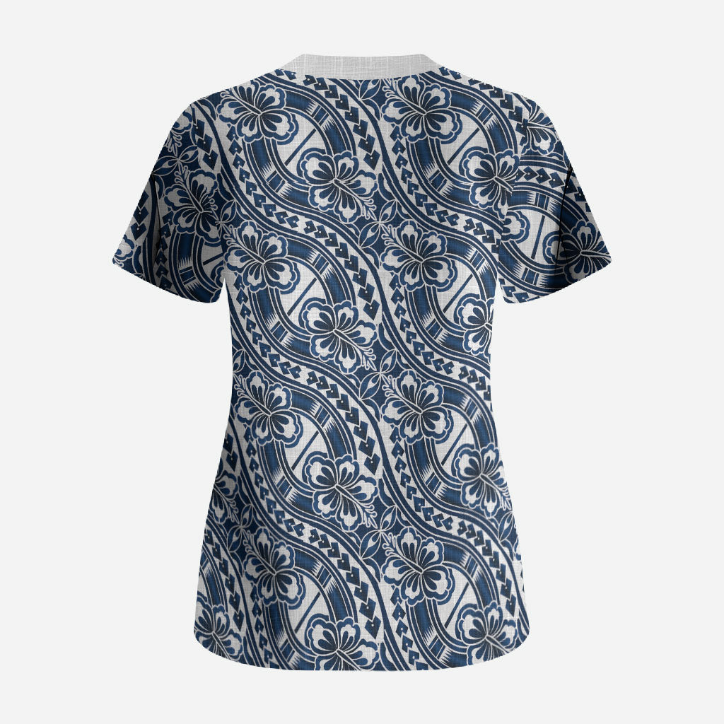 Hibiscus Bloom Island Tribal Waves Scrub Top Blue Polynesian Pattern LT01 - Polynesian Pride