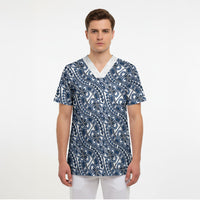 Hibiscus Bloom Island Tribal Waves Scrub Top Blue Polynesian Pattern LT01 - Polynesian Pride