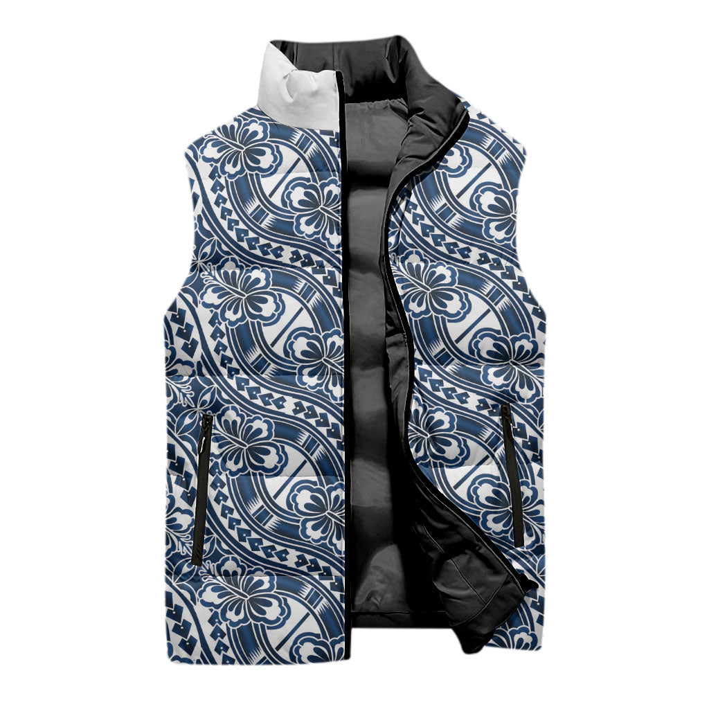 Hibiscus Bloom Island Tribal Waves Sleeveless Puffer Jacket Blue Polynesian Pattern LT01 - Polynesian Pride