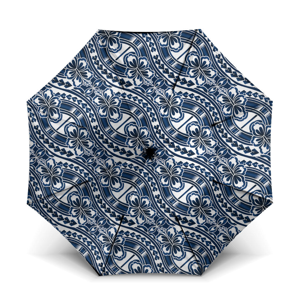 Hibiscus Bloom Island Tribal Waves Umbrella Blue Polynesian Pattern