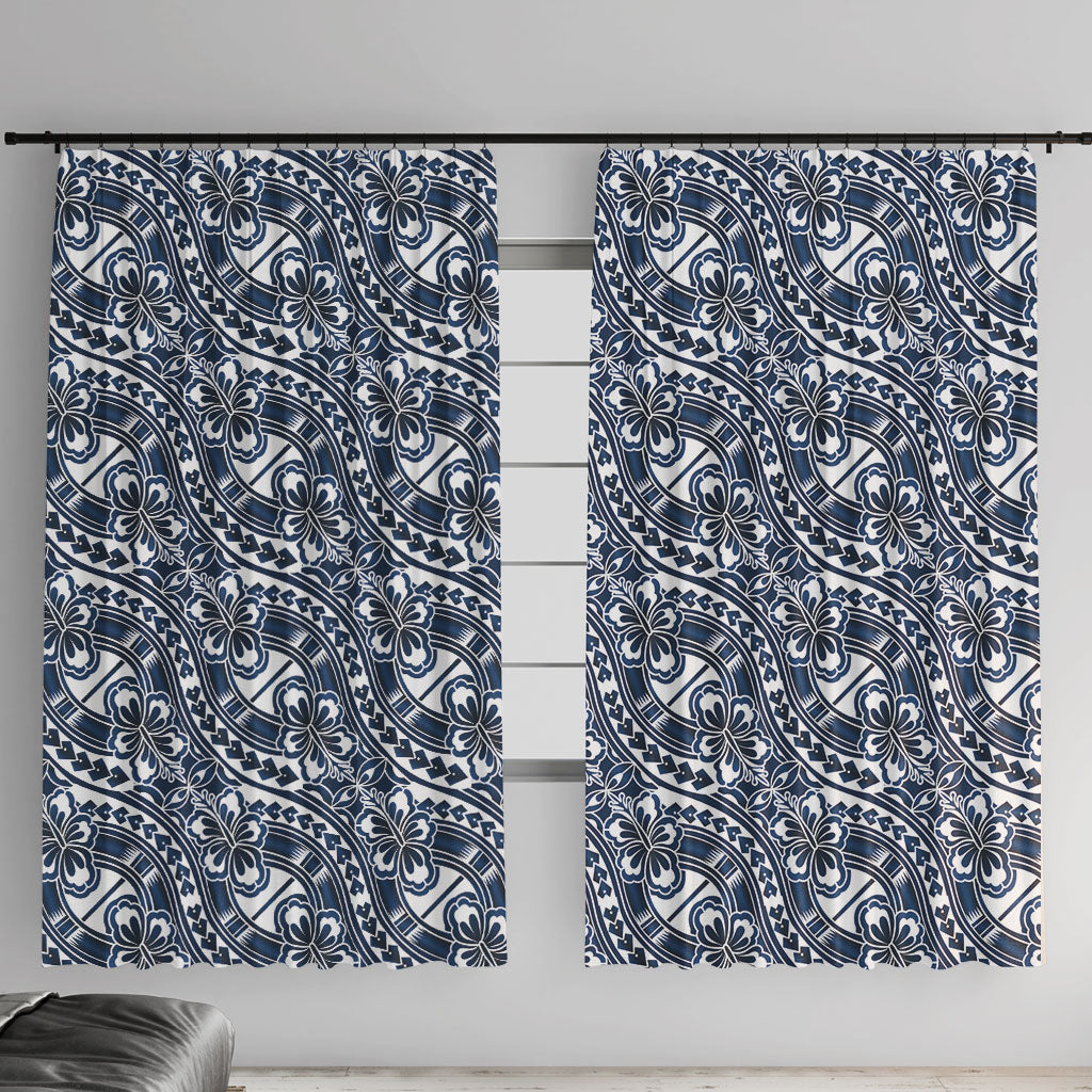 Hibiscus Bloom Island Tribal Waves Window Curtain Blue Polynesian Pattern LT01 With Hooks Blue - Polynesian Pride