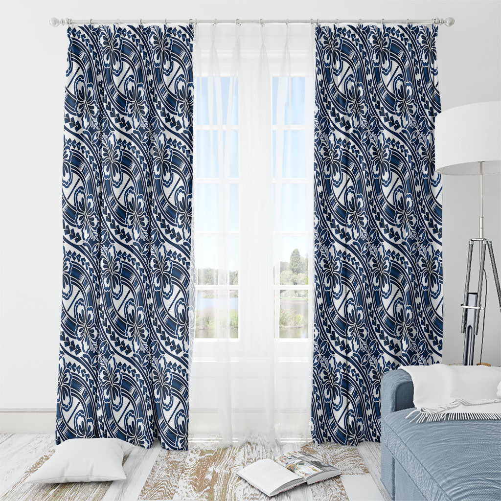 Hibiscus Bloom Island Tribal Waves Window Curtain Blue Polynesian Pattern LT01 - Polynesian Pride