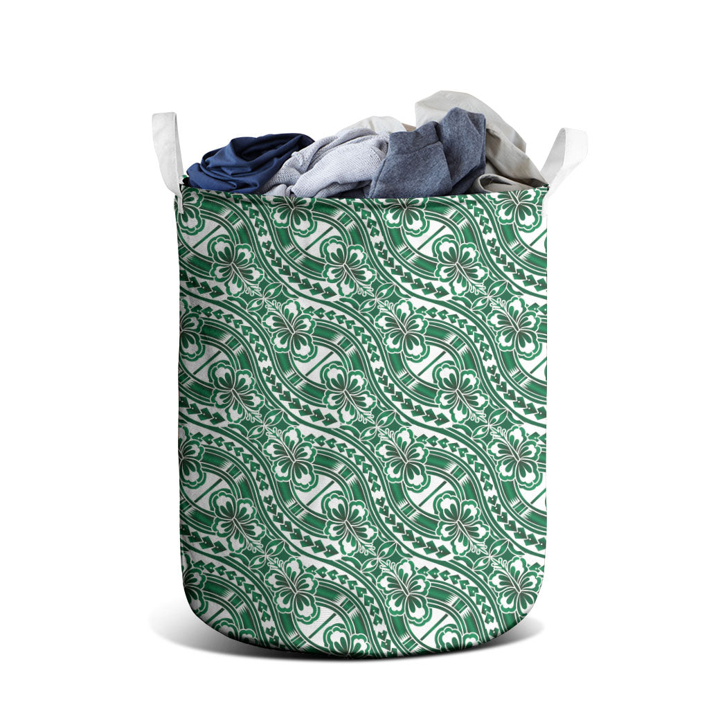 Hibiscus Bloom Island Tribal Waves Laundry Basket Green Polynesian Pattern LT01 - Polynesian Pride