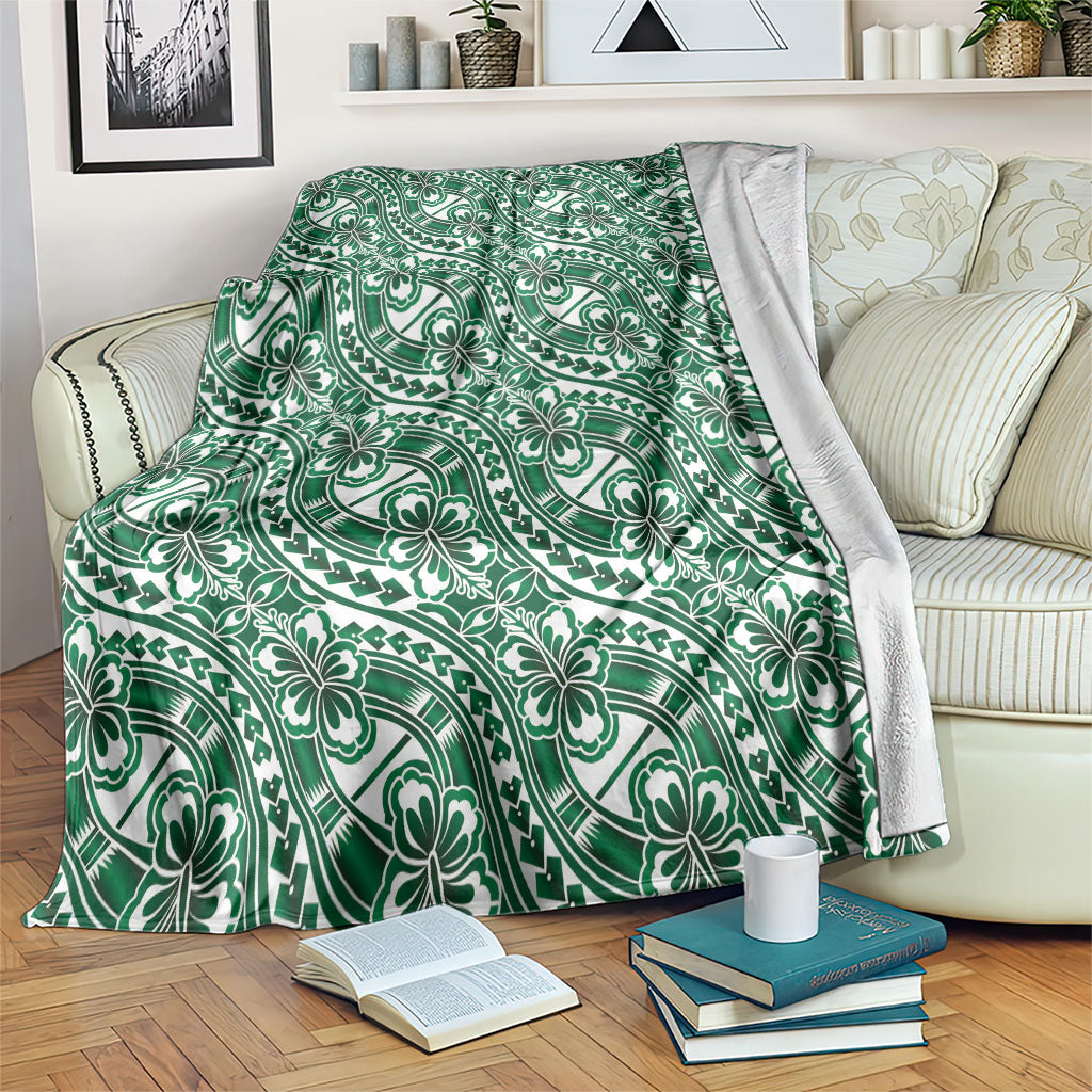Hibiscus Bloom Island Tribal Waves Blanket Green Polynesian Pattern