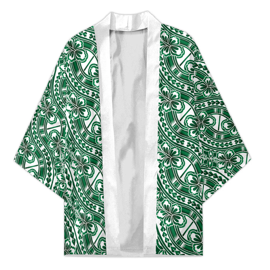 Hibiscus Bloom Island Tribal Waves Kimono Green Polynesian Pattern