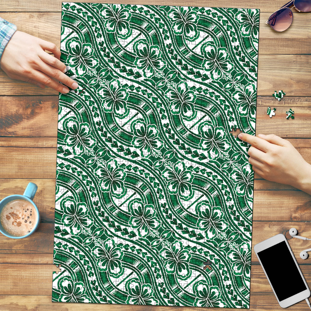Hibiscus Bloom Island Tribal Waves Puzzle Green Polynesian Pattern