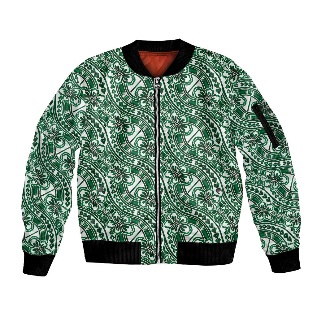 Hibiscus Bloom Island Tribal Waves Sleeve Zip Bomber Jacket Green Polynesian Pattern LT01 Unisex Green - Polynesian Pride