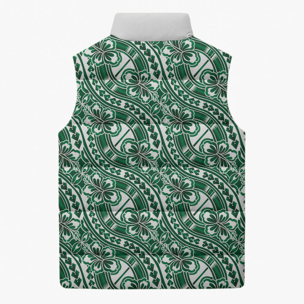 Hibiscus Bloom Island Tribal Waves Sleeveless Puffer Jacket Green Polynesian Pattern LT01 - Polynesian Pride