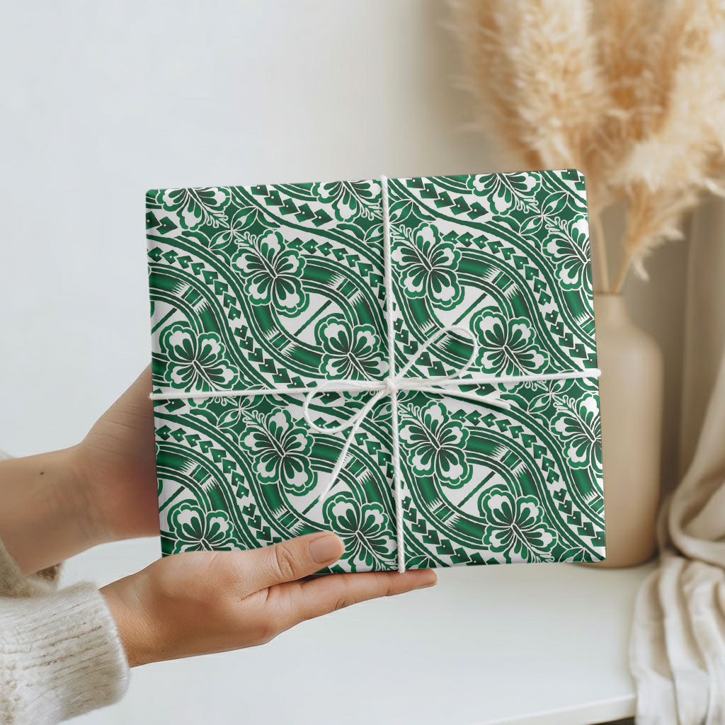 Hibiscus Bloom Island Tribal Waves Wrapping Paper Green Polynesian Pattern LT01 - Polynesian Pride