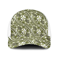 Hibiscus Bloom Island Tribal Waves Baseball Net Cap Olive Green Polynesian Pattern LT01 One Size White Olive Green - Polynesian Pride