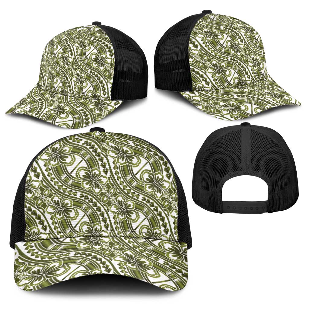 Hibiscus Bloom Island Tribal Waves Baseball Net Cap Olive Green Polynesian Pattern LT01 - Polynesian Pride