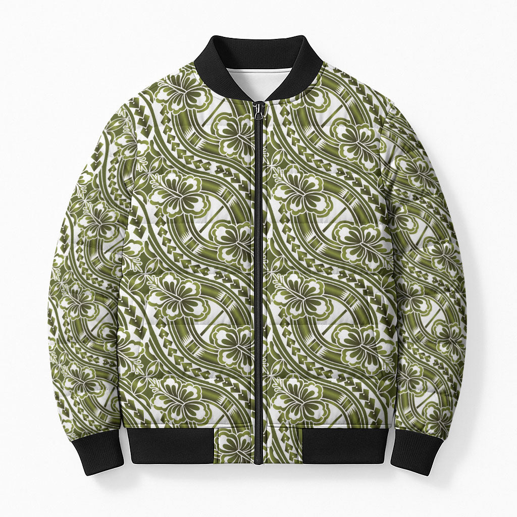 Hibiscus Bloom Island Tribal Waves Bomber Puffer Jacket Olive Green Polynesian Pattern LT01 Unisex Olive Green - Polynesian Pride