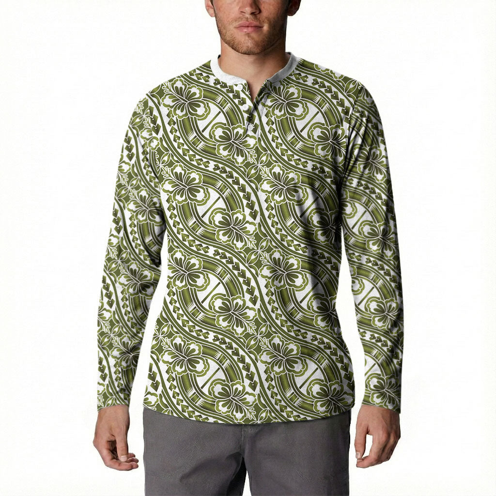 Hibiscus Bloom Island Tribal Waves Button Sweatshirt Olive Green Polynesian Pattern LT01 - Polynesian Pride