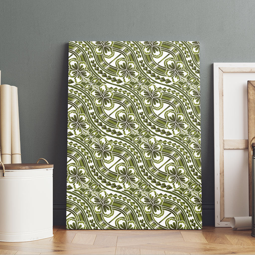Hibiscus Bloom Island Tribal Waves Canvas Wall Art Olive Green Polynesian Pattern LT01 - Polynesian Pride