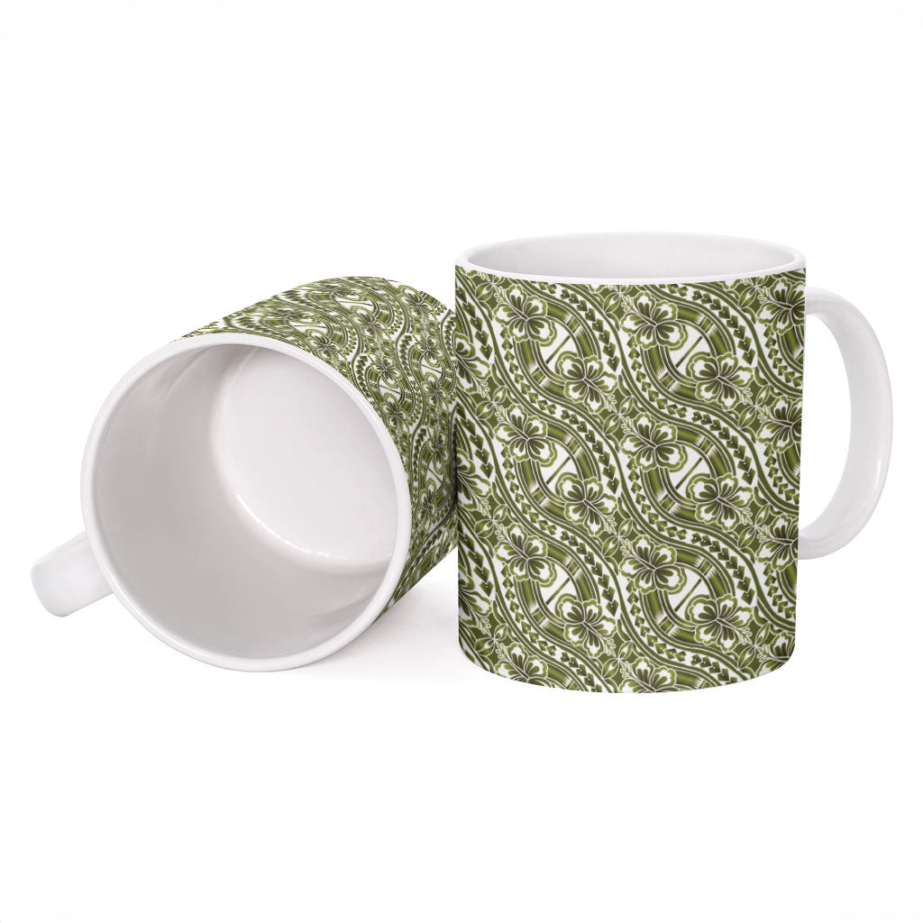 Hibiscus Bloom Island Tribal Waves Ceramic Mug Olive Green Polynesian Pattern LT01 - Polynesian Pride