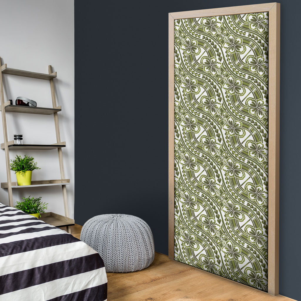 Hibiscus Bloom Island Tribal Waves Door Cover Olive Green Polynesian Pattern LT01 - Polynesian Pride