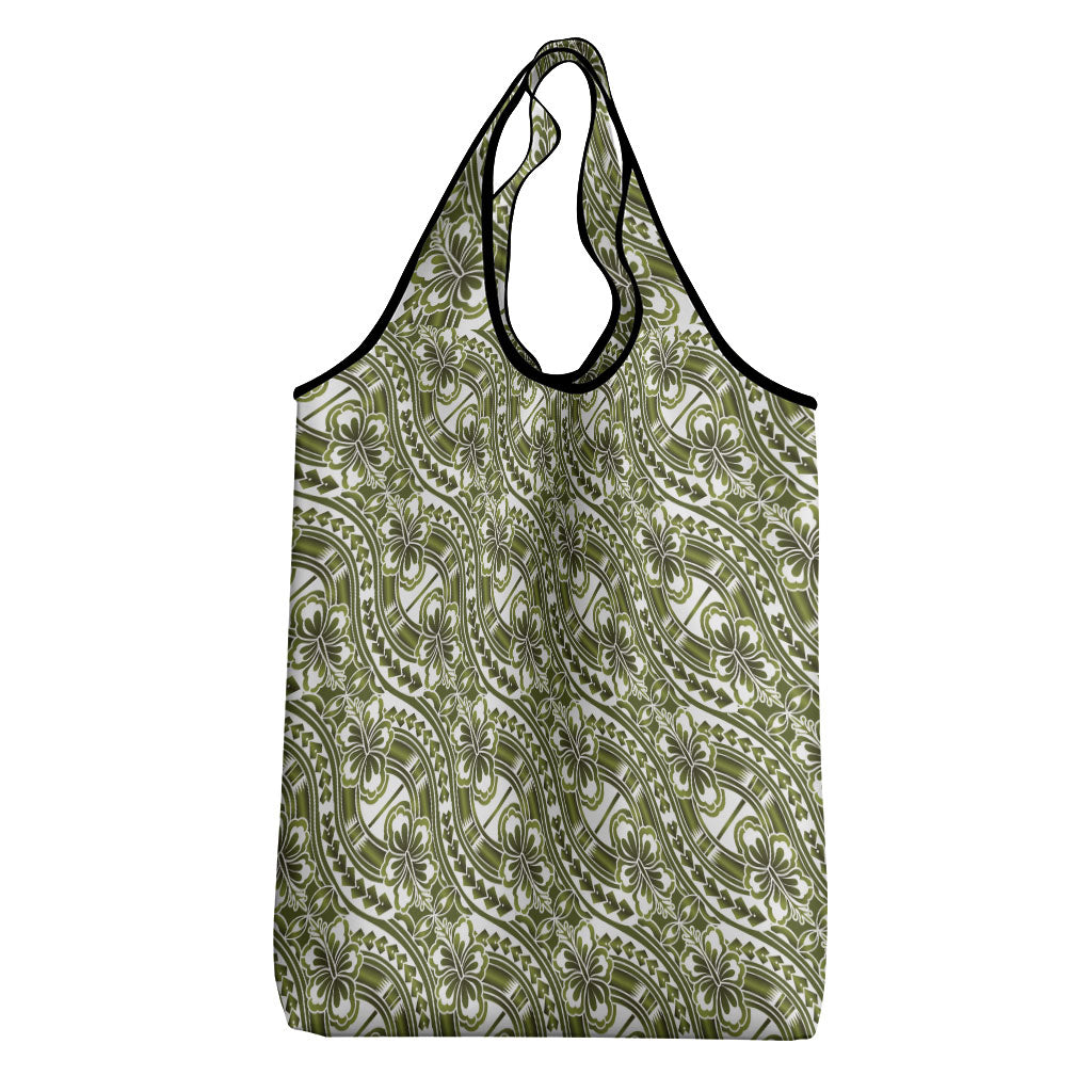 Hibiscus Bloom Island Tribal Waves Grocery Bag Olive Green Polynesian Pattern LT01 - Polynesian Pride