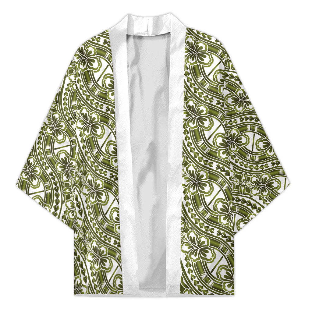 Hibiscus Bloom Island Tribal Waves Kimono Olive Green Polynesian Pattern