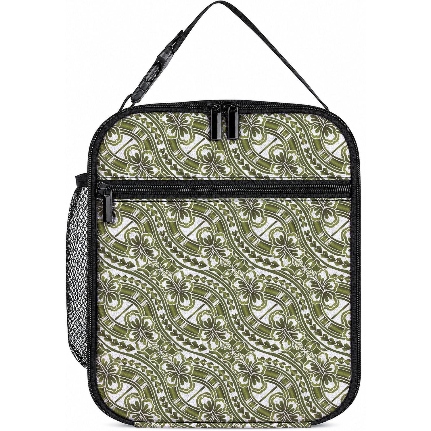 Hibiscus Bloom Island Tribal Waves Lunch Bag Olive Green Polynesian Pattern