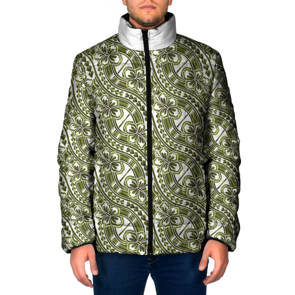Hibiscus Bloom Island Tribal Waves Padded Jacket Olive Green Polynesian Pattern LT01 Men Olive Green - Polynesian Pride