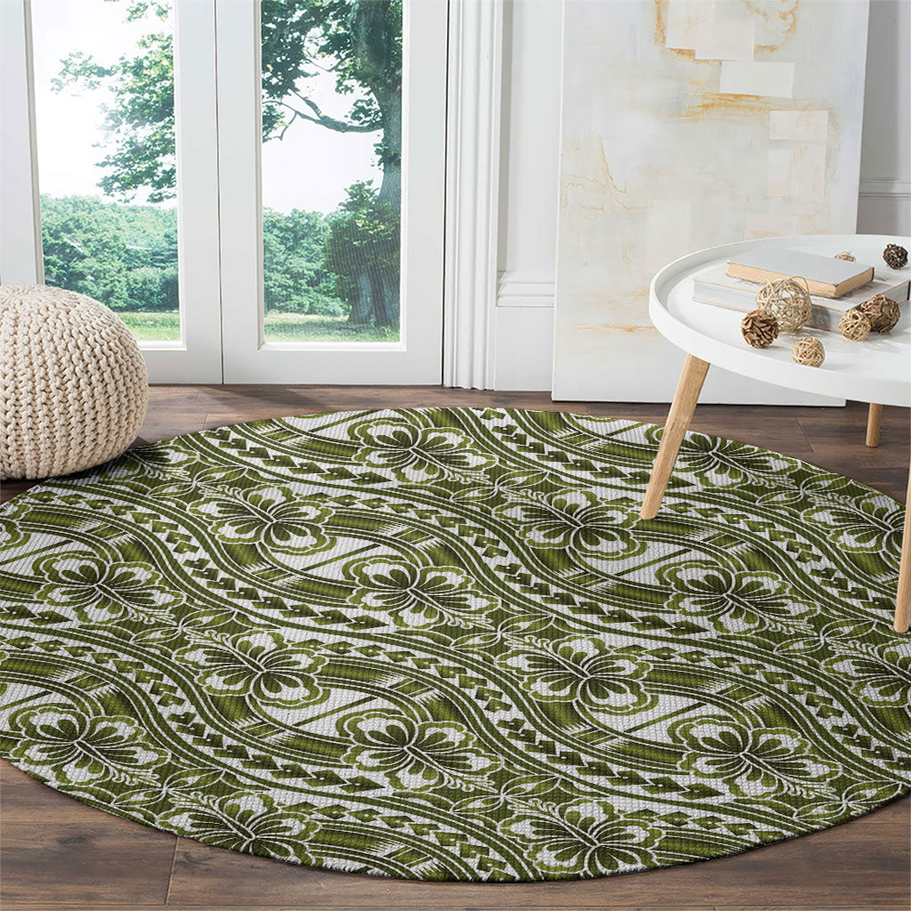 Hibiscus Bloom Island Tribal Waves Round Carpet Olive Green Polynesian Pattern LT01 - Polynesian Pride