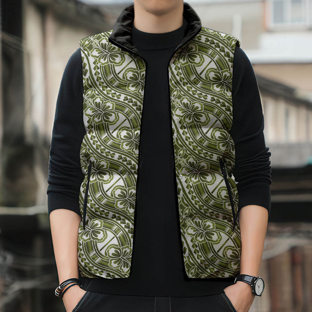 Hibiscus Bloom Island Tribal Waves Sleeveless Puffer Jacket Olive Green Polynesian Pattern LT01 - Polynesian Pride