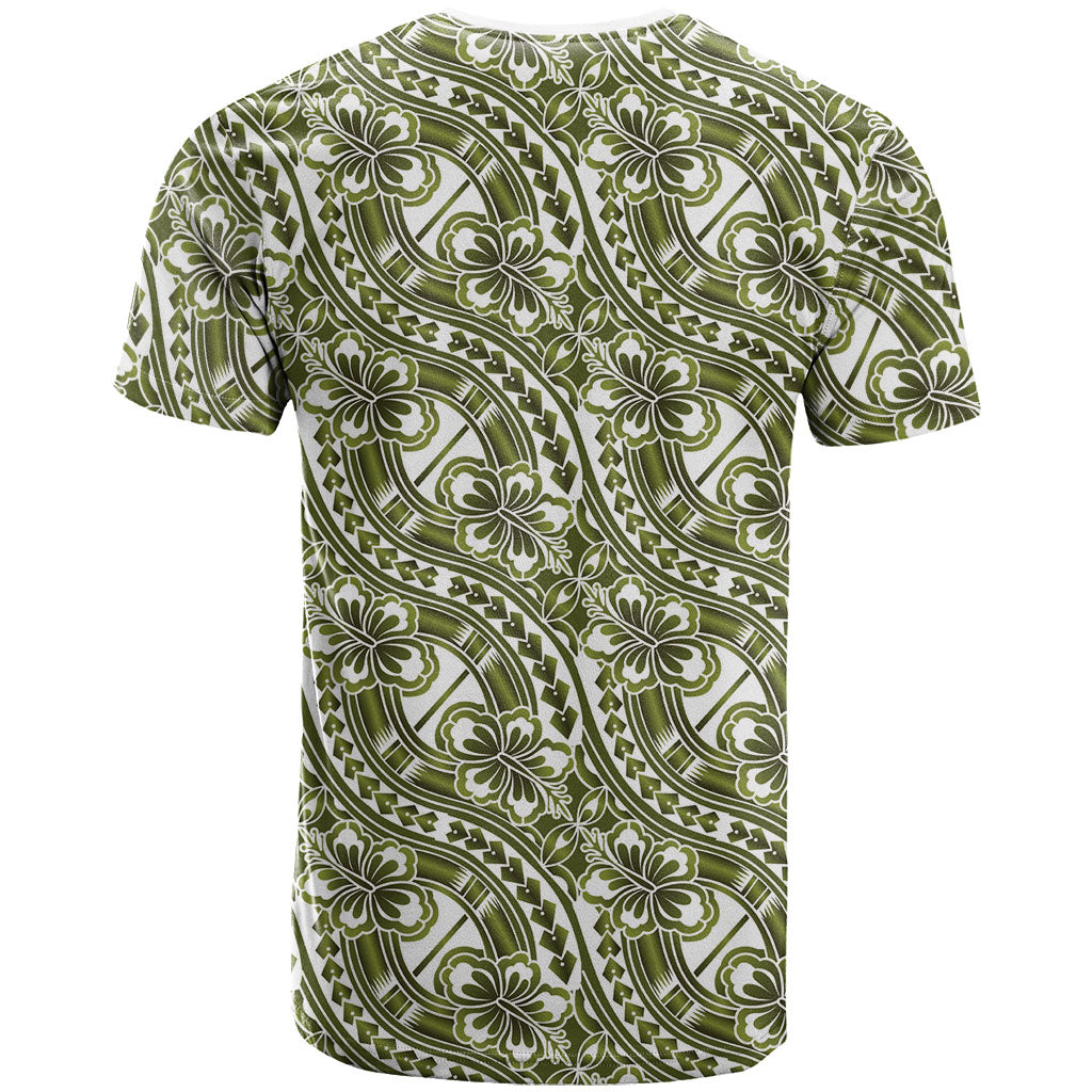 Hibiscus Bloom Island Tribal Waves T Shirt Olive Green Polynesian Pattern LT01 - Polynesian Pride