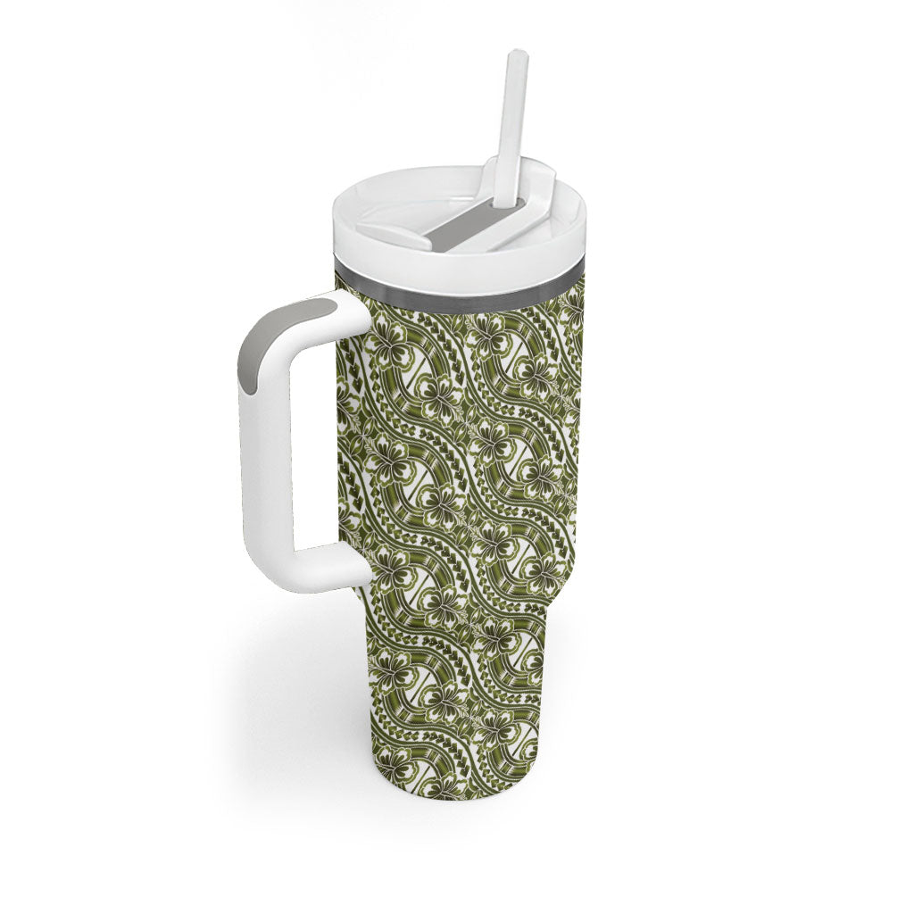 Hibiscus Bloom Island Tribal Waves Tumbler With Handle Olive Green Polynesian Pattern LT01 - Polynesian Pride