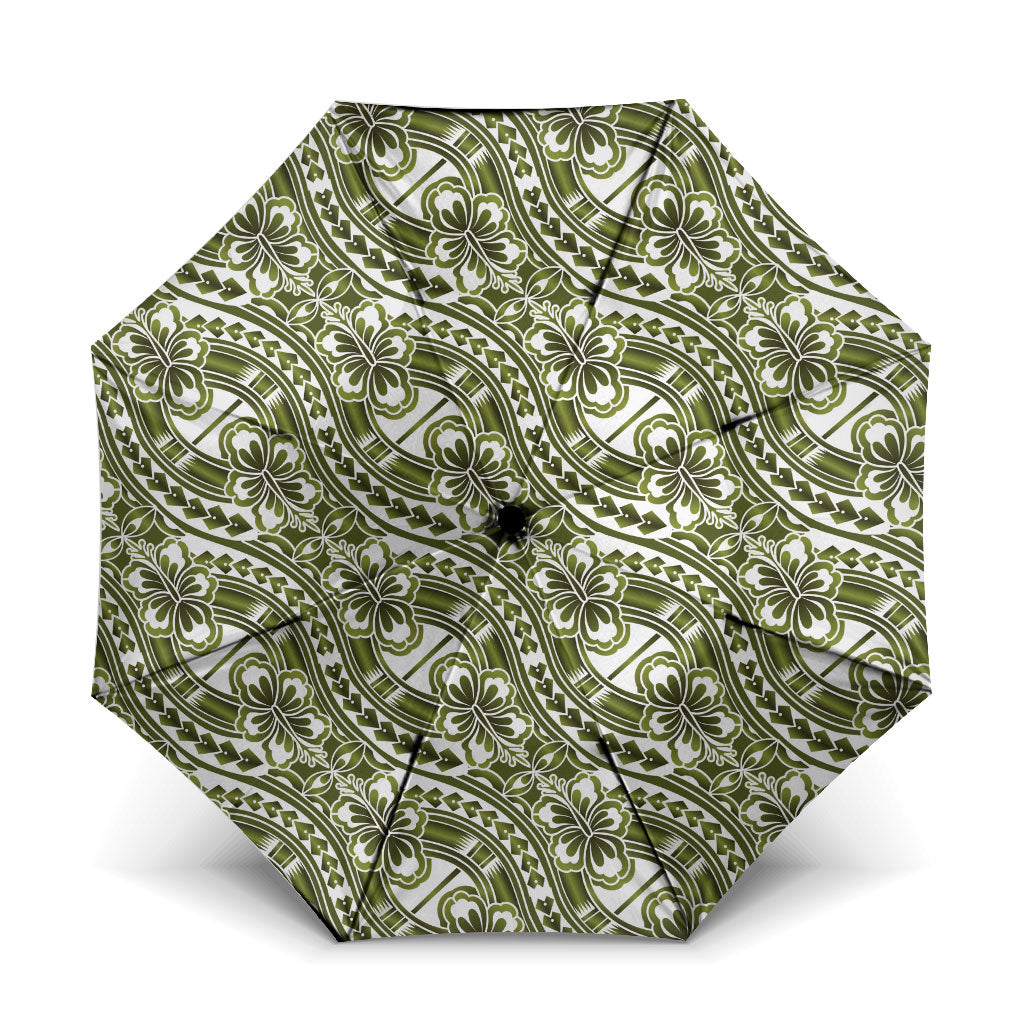 Hibiscus Bloom Island Tribal Waves Umbrella Olive Green Polynesian Pattern