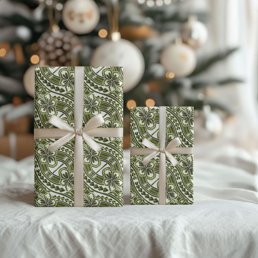 Hibiscus Bloom Island Tribal Waves Wrapping Paper Olive Green Polynesian Pattern LT01 - Polynesian Pride