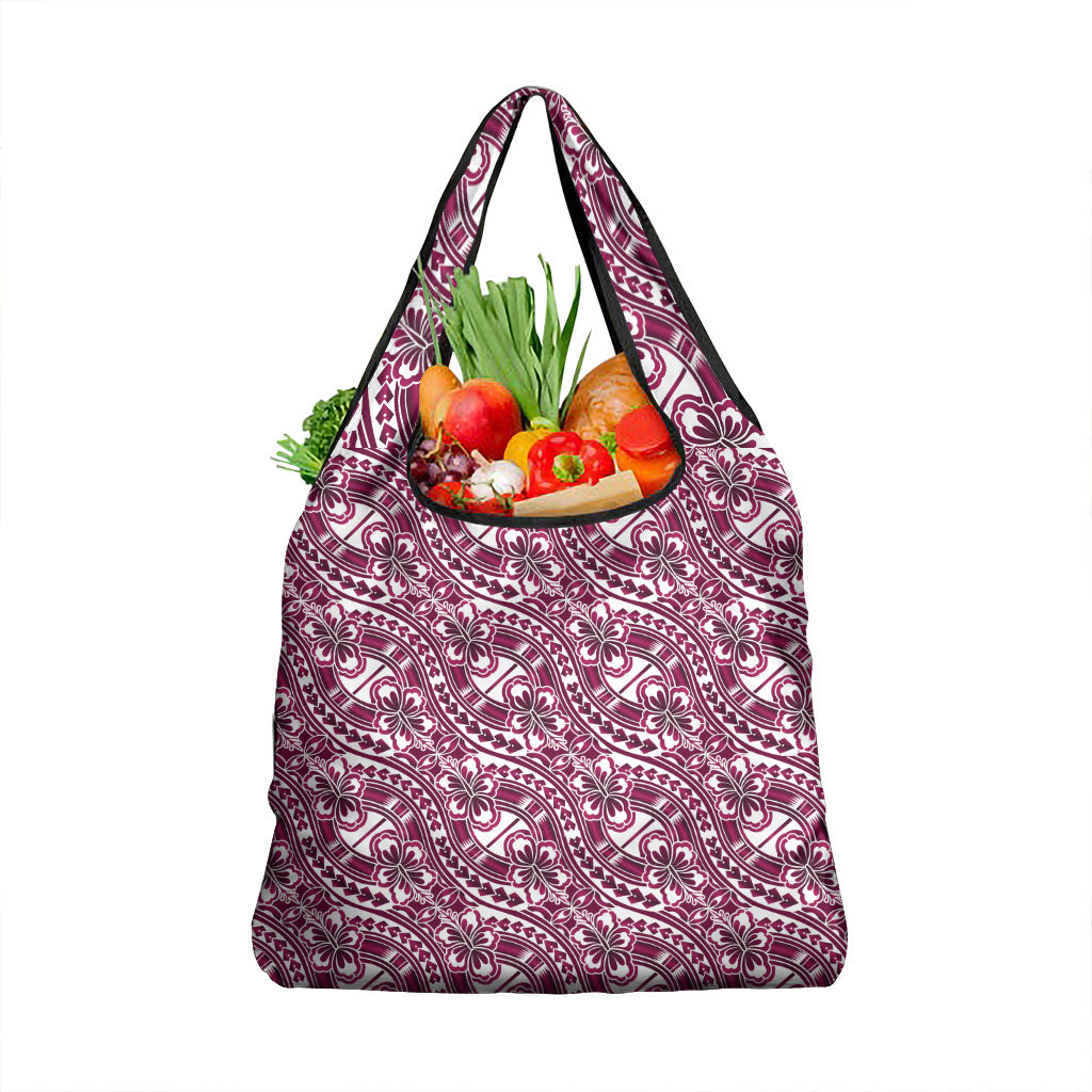 Hibiscus Bloom Island Tribal Waves Grocery Bag Pink Polynesian Pattern