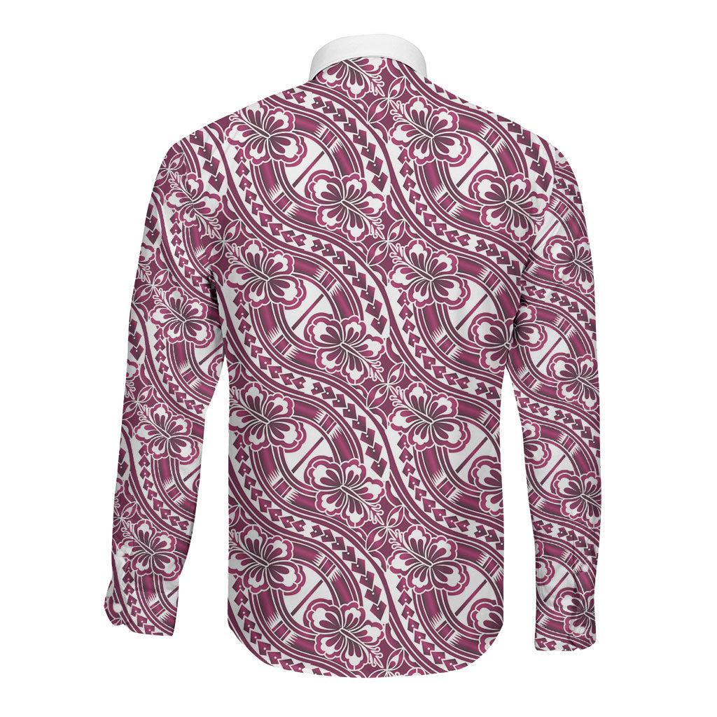 Hibiscus Bloom Island Tribal Waves Long Sleeve Button Shirt Pink Polynesian Pattern LT01 - Polynesian Pride