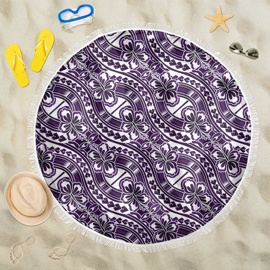 Hibiscus Bloom Island Tribal Waves Beach Blanket Purple Polynesian Pattern
