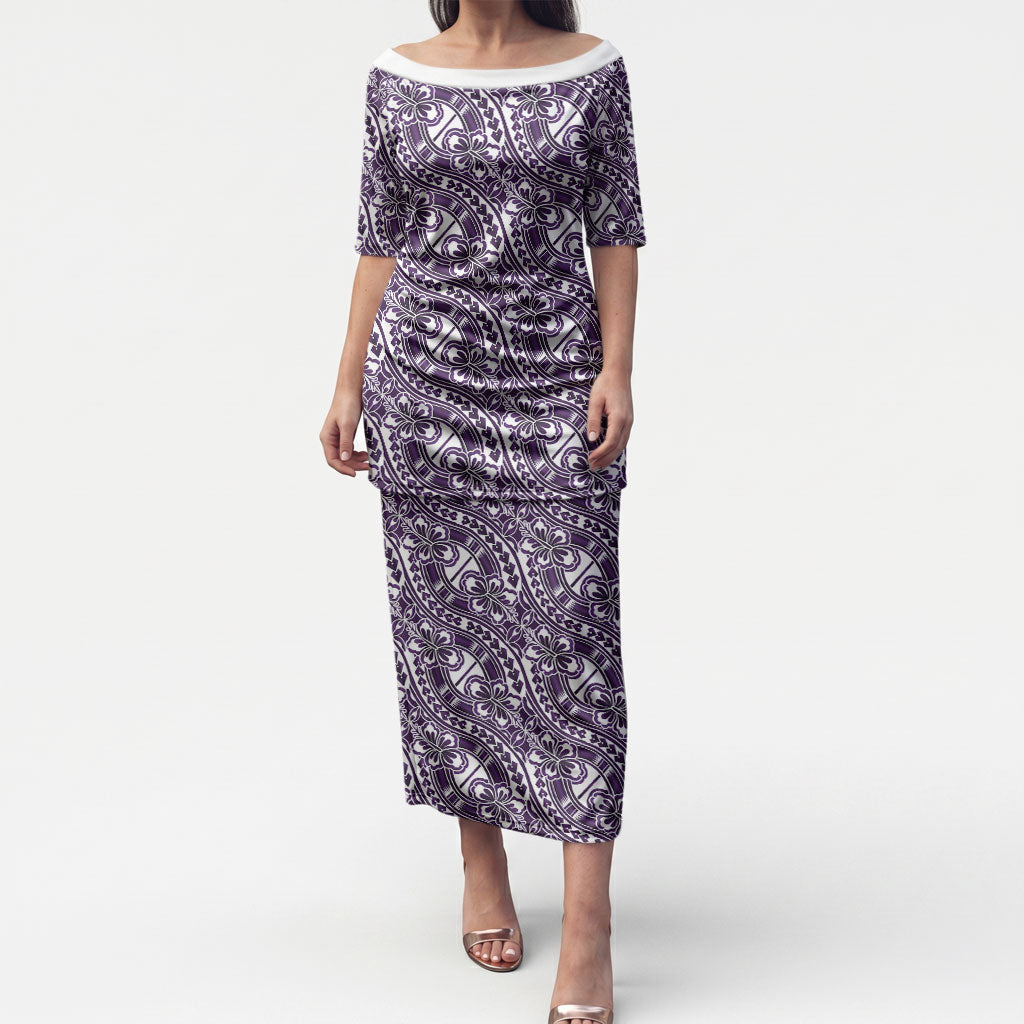 Hibiscus Bloom Island Tribal Waves Puletasi Purple Polynesian Pattern LT01 Long Dress Purple - Polynesian Pride