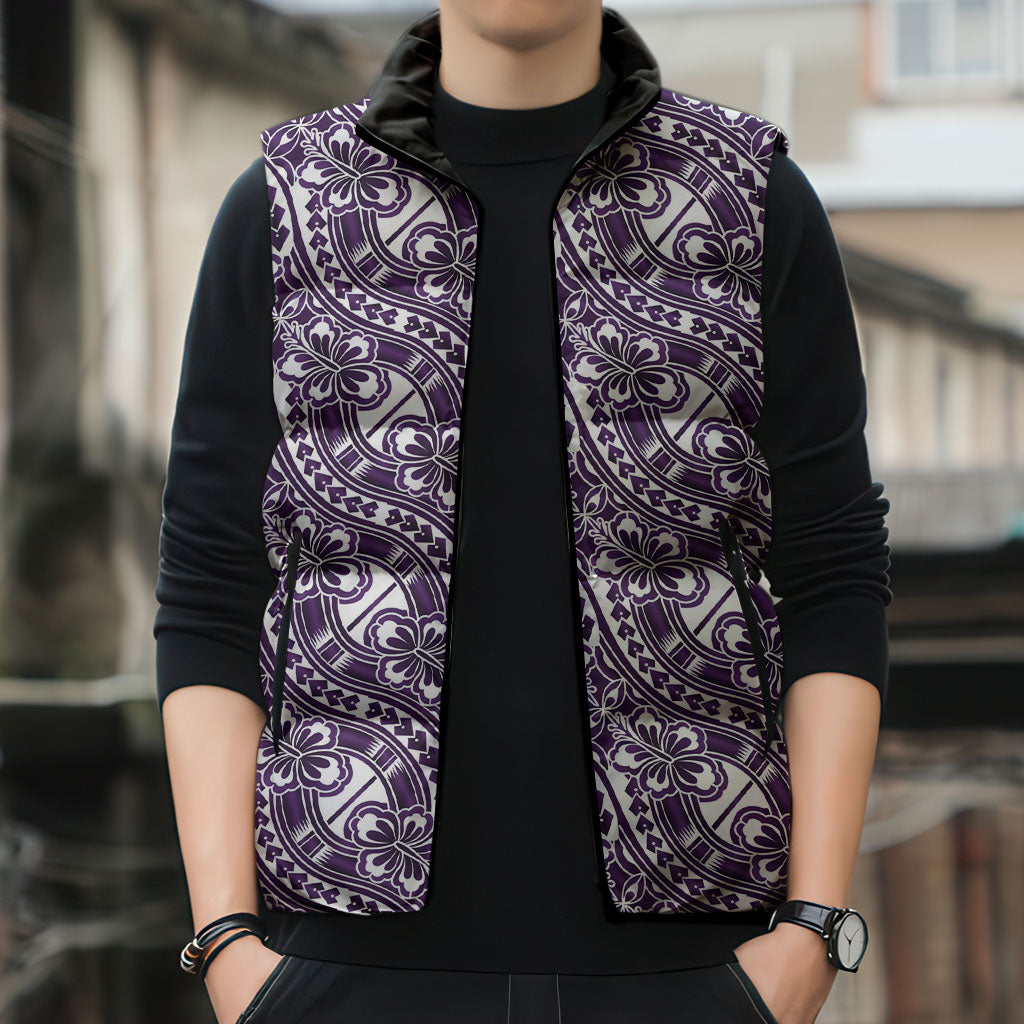 Hibiscus Bloom Island Tribal Waves Sleeveless Puffer Jacket Purple Polynesian Pattern LT01 - Polynesian Pride