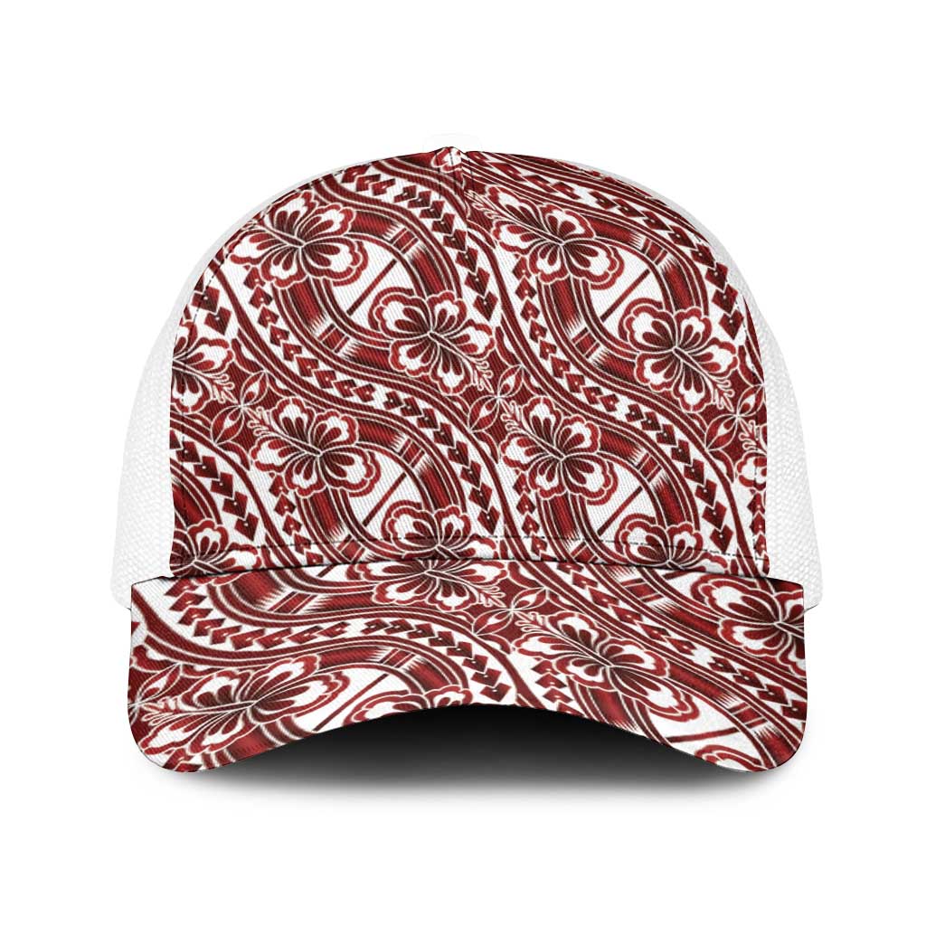 Hibiscus Bloom Island Tribal Waves Baseball Net Cap Red Polynesian Pattern LT01 One Size White Red - Polynesian Pride