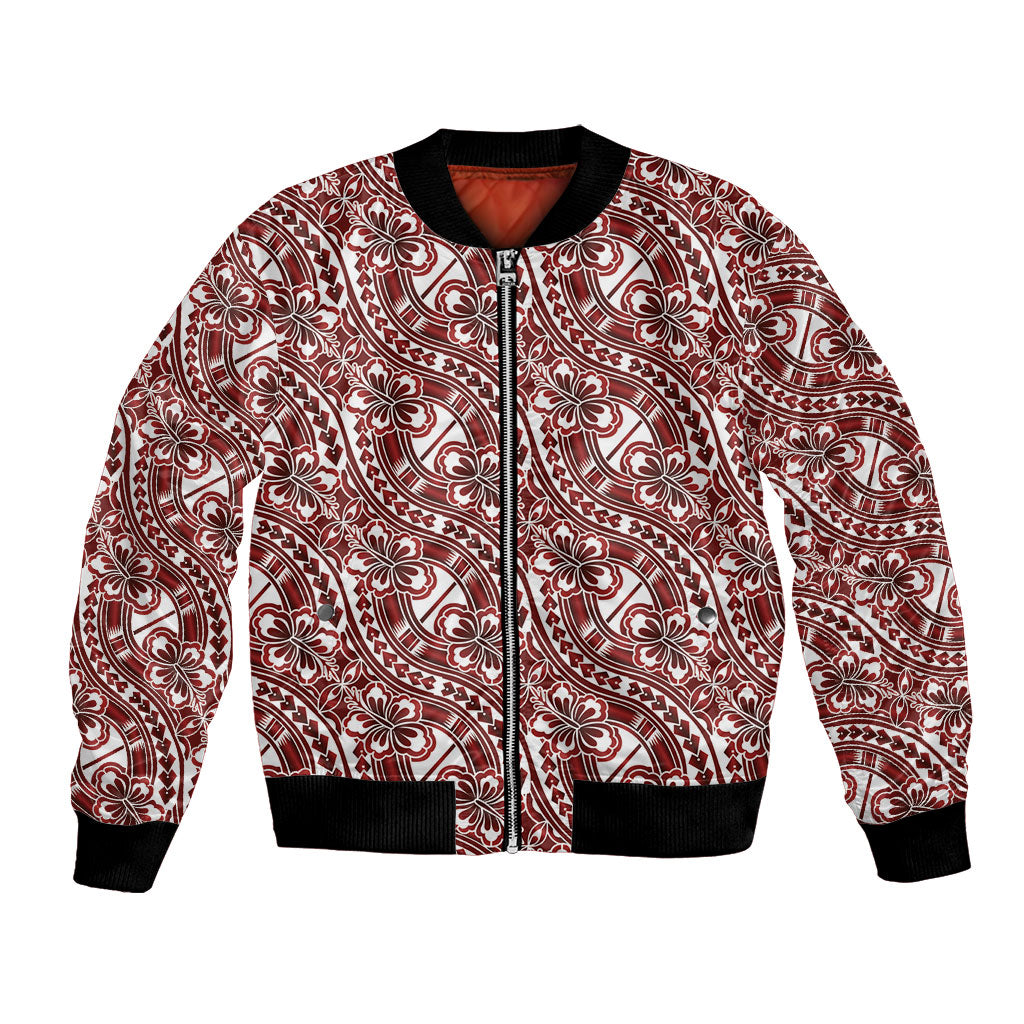 Hibiscus Bloom Island Tribal Waves Bomber Jacket Red Polynesian Pattern
