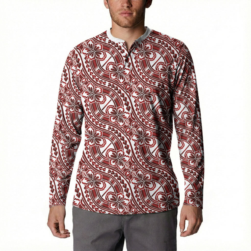 Hibiscus Bloom Island Tribal Waves Button Sweatshirt Red Polynesian Pattern LT01 - Polynesian Pride
