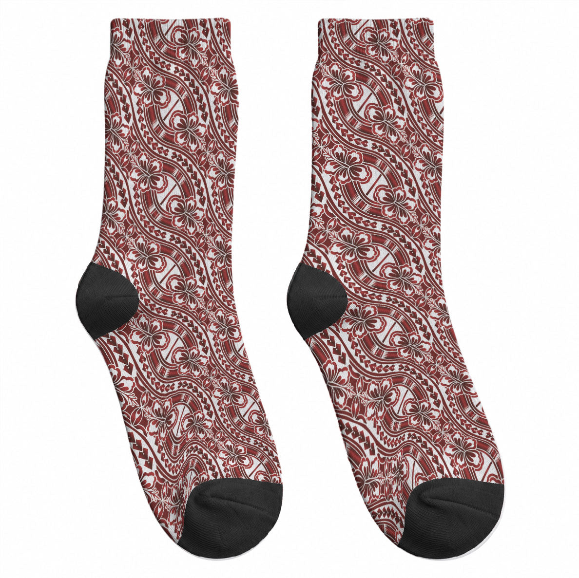 Hibiscus Bloom Island Tribal Waves Crew Socks Red Polynesian Pattern LT01 - Polynesian Pride