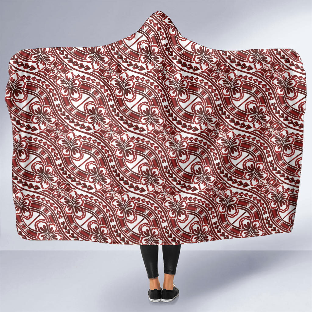 Hibiscus Bloom Island Tribal Waves Hooded Blanket Red Polynesian Pattern