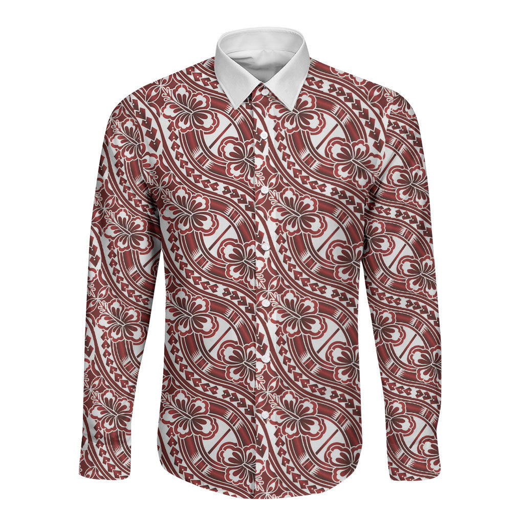 Hibiscus Bloom Island Tribal Waves Long Sleeve Button Shirt Red Polynesian Pattern LT01 Unisex Red - Polynesian Pride