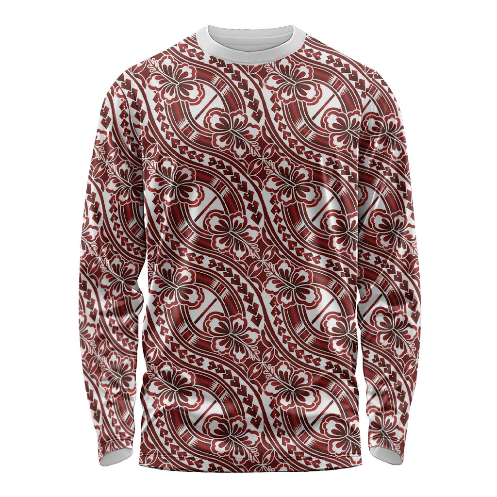 Hibiscus Bloom Island Tribal Waves Long Sleeve Shirt Red Polynesian Pattern LT01 Unisex Red - Polynesian Pride