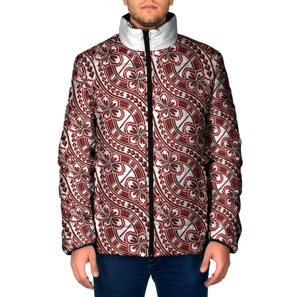 Hibiscus Bloom Island Tribal Waves Padded Jacket Red Polynesian Pattern