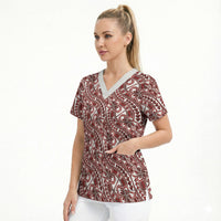 Hibiscus Bloom Island Tribal Waves Scrub Top Red Polynesian Pattern LT01 - Polynesian Pride