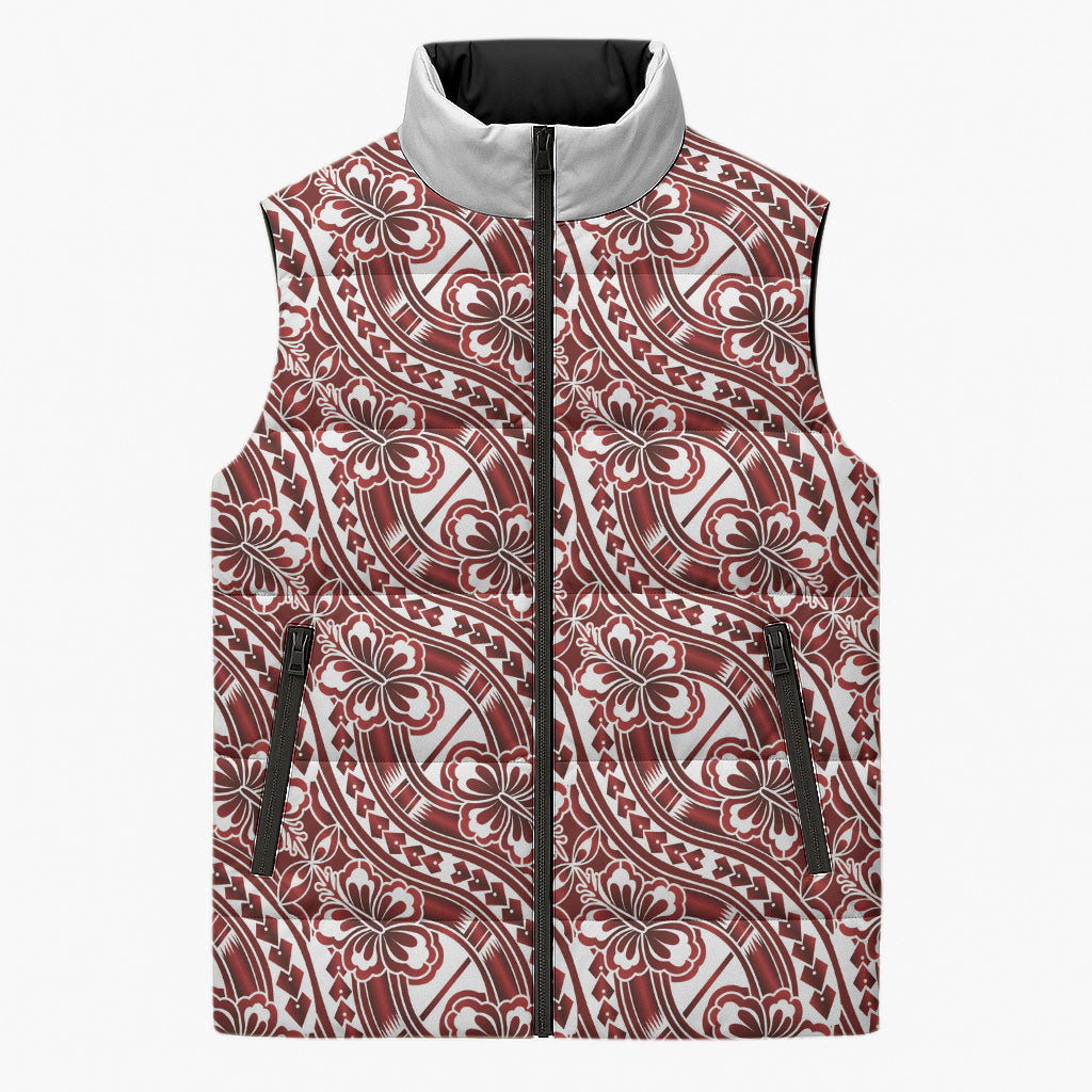 Hibiscus Bloom Island Tribal Waves Sleeveless Puffer Jacket Red Polynesian Pattern