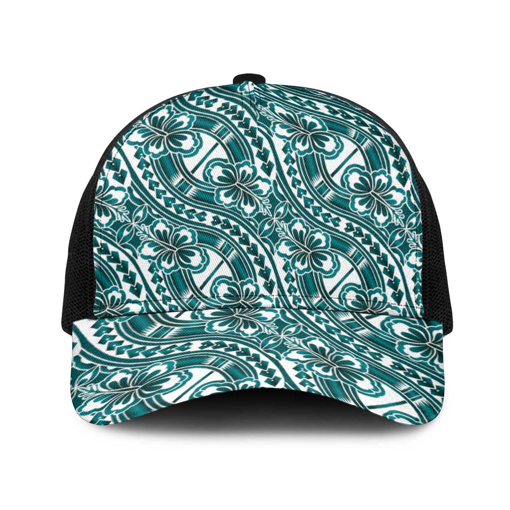 Hibiscus Bloom Island Tribal Waves Baseball Net Cap Teal Polynesian Pattern LT01 One Size Black Teal - Polynesian Pride