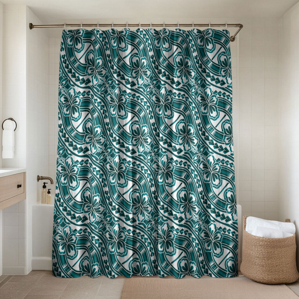 Hibiscus Bloom Island Tribal Waves Bathroom Set Teal Polynesian Pattern LT01 Shower Curtain Only Teal - Polynesian Pride